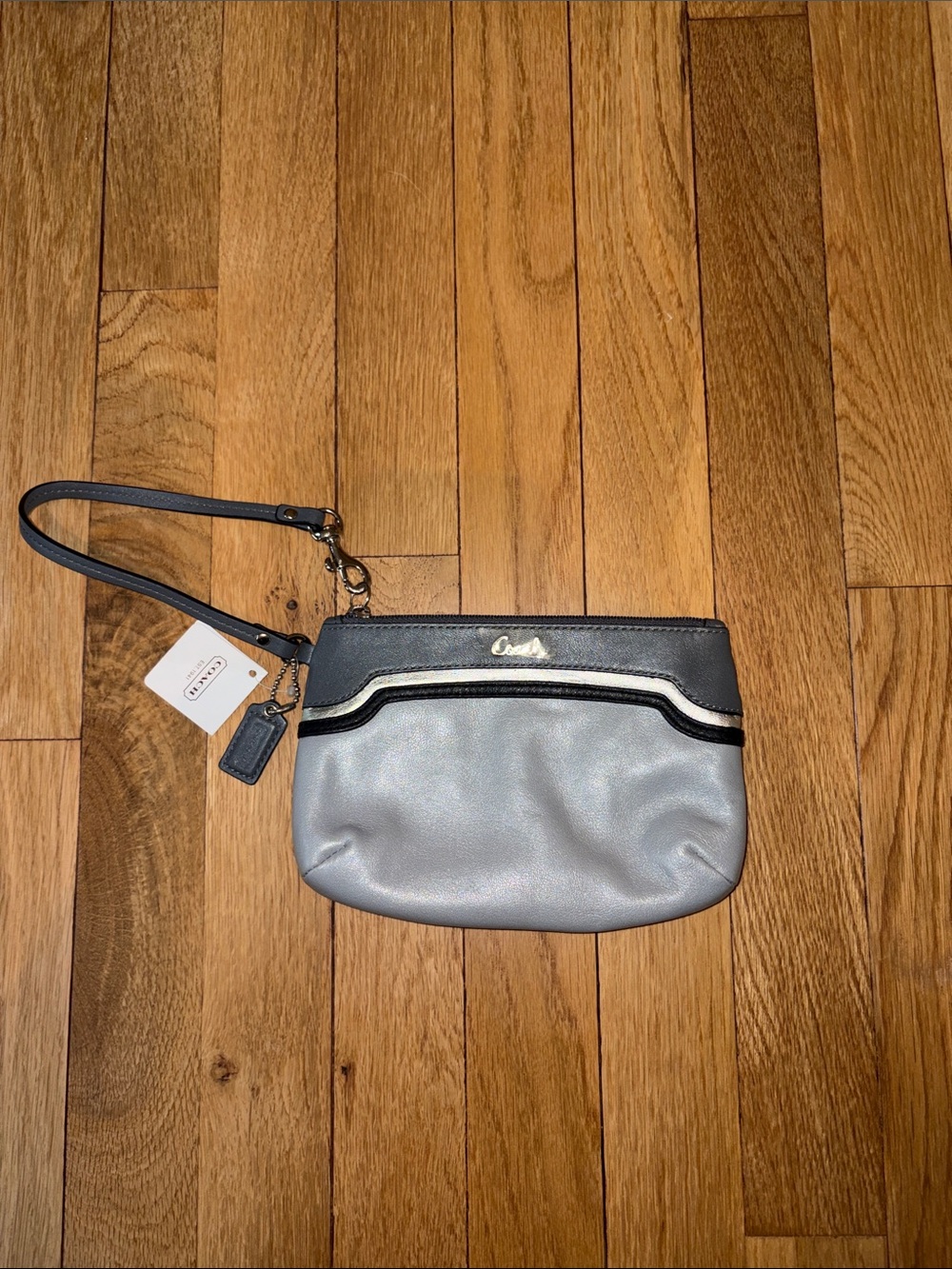 New! Coach Metallic Silver and Grey Leather Wristlet